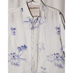 Caribbean Shirt Mens M 100% Linen Camp Button Front Hawaiian White & Blue